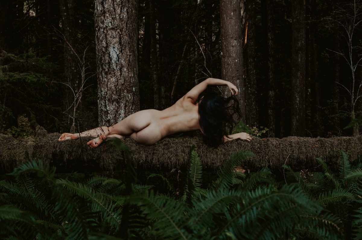 boudoir, seattle-boudoir, seattle-boudoir-photographer, boudoir-photographer, boudoir-photography, boudoir-session, boudoir-photos, wallace-falls-washington, wallace-falls, forest, outdoor-boudoir, naked-in-the-woods, trees, evergreen-trees, ferns, flower-crown, headpiece, 