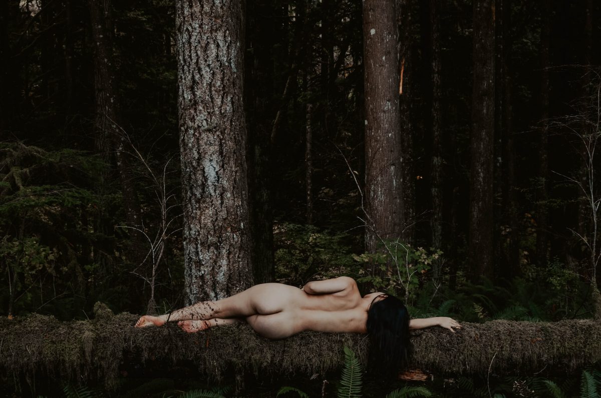 boudoir, seattle-boudoir, seattle-boudoir-photographer, boudoir-photographer, boudoir-photography, boudoir-session, boudoir-photos, wallace-falls-washington, wallace-falls, forest, outdoor-boudoir, naked-in-the-woods, trees, evergreen-trees, ferns, flower-crown, headpiece, 