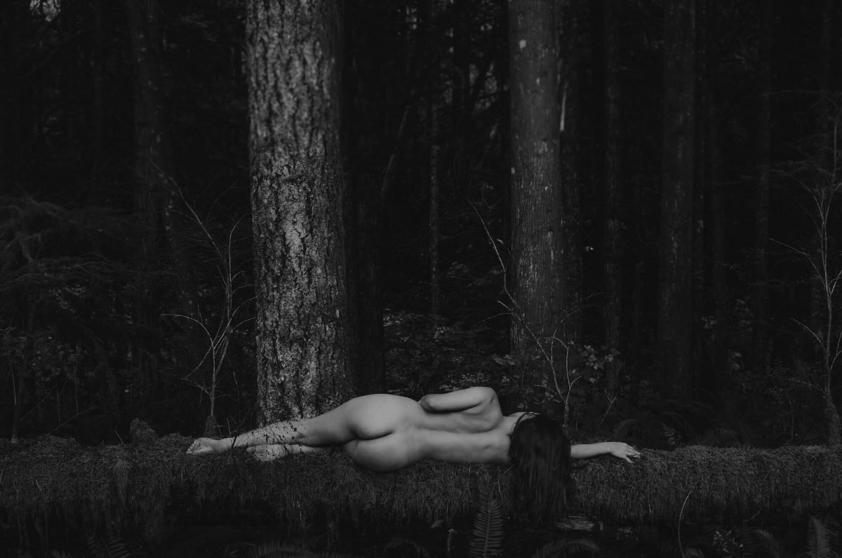 boudoir, seattle-boudoir, seattle-boudoir-photographer, boudoir-photographer, boudoir-photography, boudoir-session, boudoir-photos, wallace-falls-washington, wallace-falls, forest, outdoor-boudoir, naked-in-the-woods, trees, evergreen-trees, ferns, flower-crown, headpiece, 