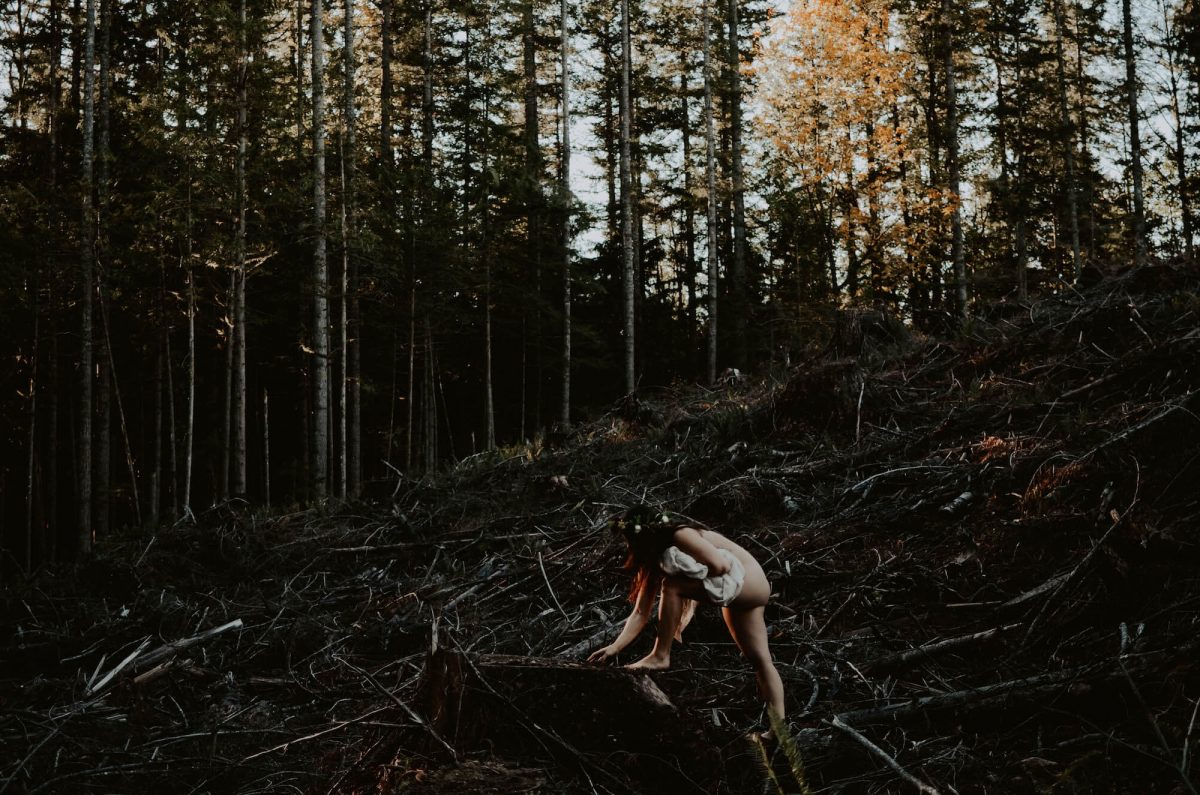 boudoir, seattle-boudoir, seattle-boudoir-photographer, boudoir-photographer, boudoir-photography, boudoir-session, boudoir-photos, wallace-falls-washington, wallace-falls, forest, outdoor-boudoir, naked-in-the-woods, trees, evergreen-trees, ferns, flower-crown, headpiece, 