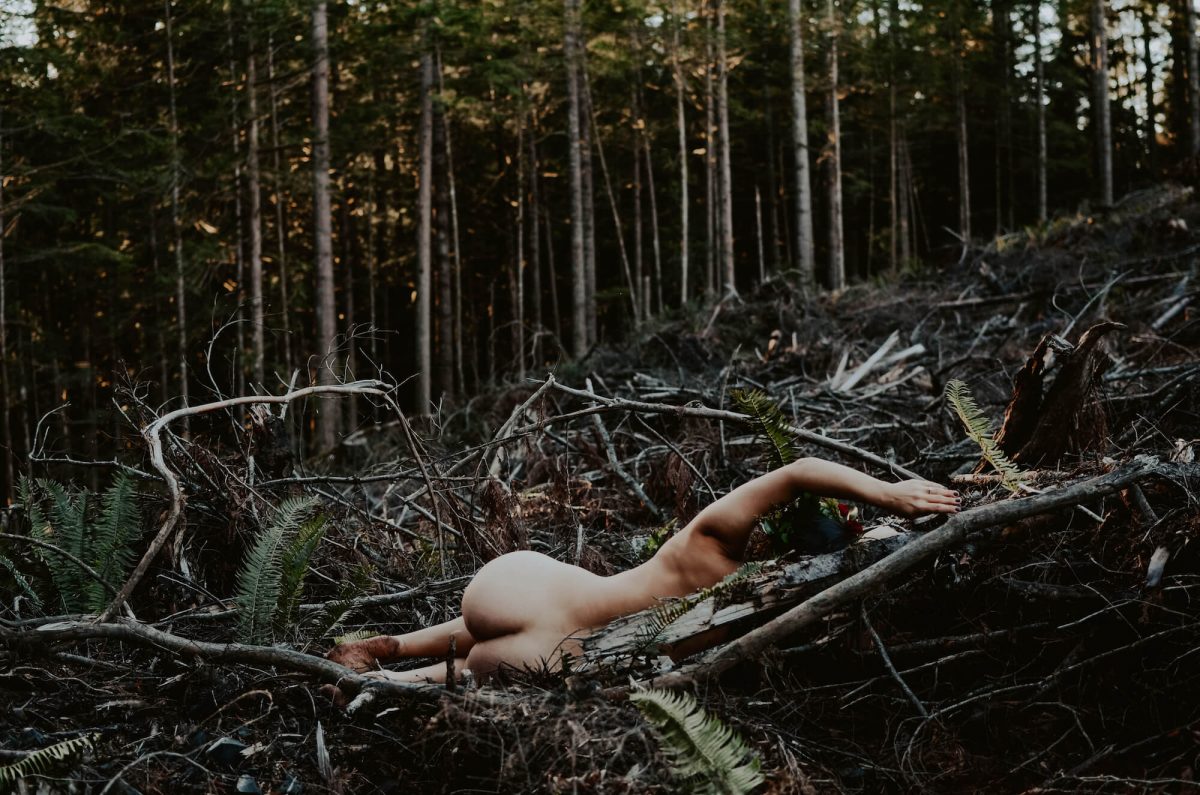 boudoir, seattle-boudoir, seattle-boudoir-photographer, boudoir-photographer, boudoir-photography, boudoir-session, boudoir-photos, wallace-falls-washington, wallace-falls, forest, outdoor-boudoir, naked-in-the-woods, trees, evergreen-trees, ferns, flower-crown, headpiece, 