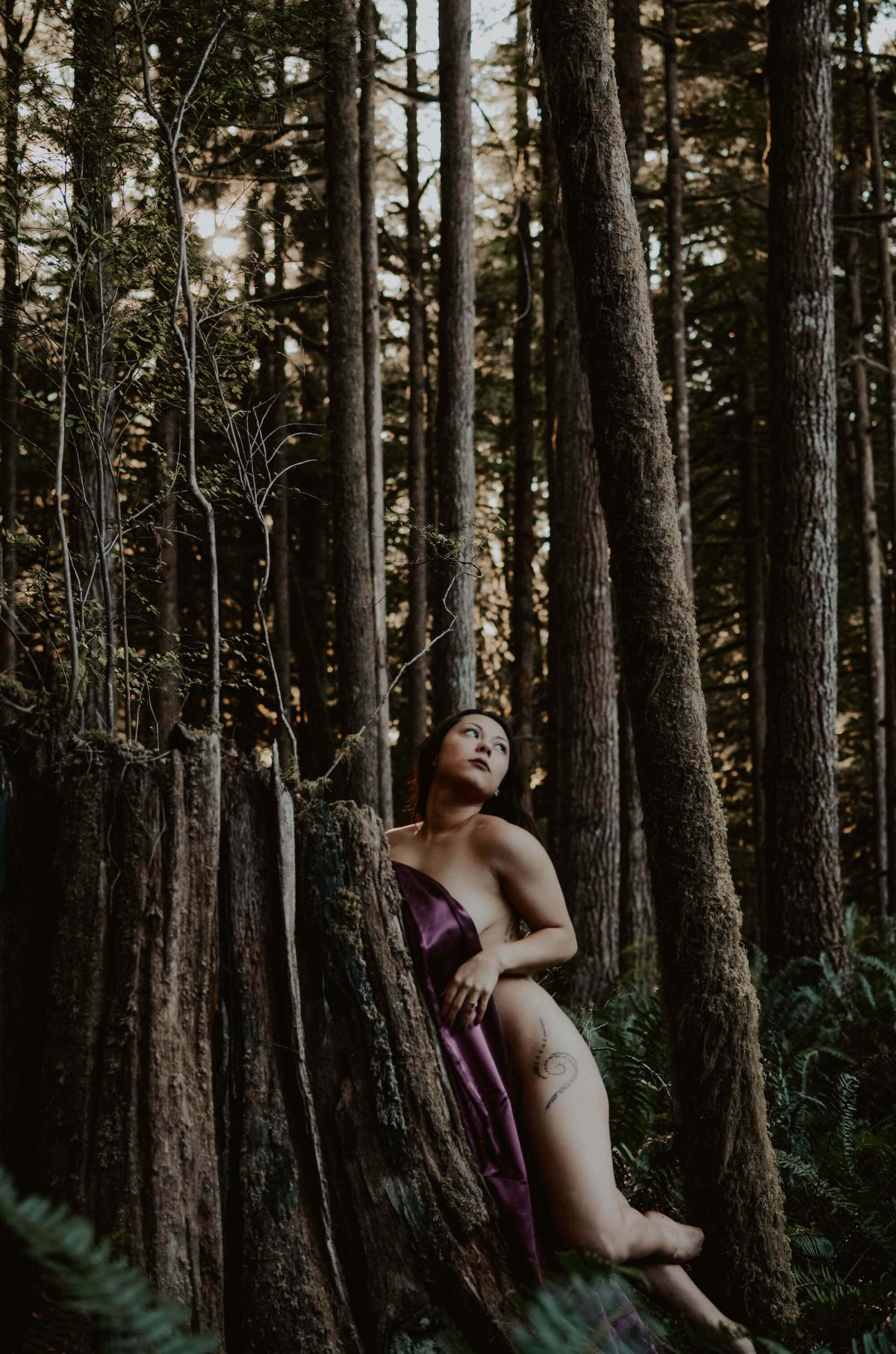 boudoir, seattle-boudoir, seattle-boudoir-photographer, boudoir-photographer, boudoir-photography, boudoir-session, boudoir-photos, wallace-falls-washington, wallace-falls, forest, outdoor-boudoir, naked-in-the-woods, trees, evergreen-trees, ferns, flower-crown, headpiece, 