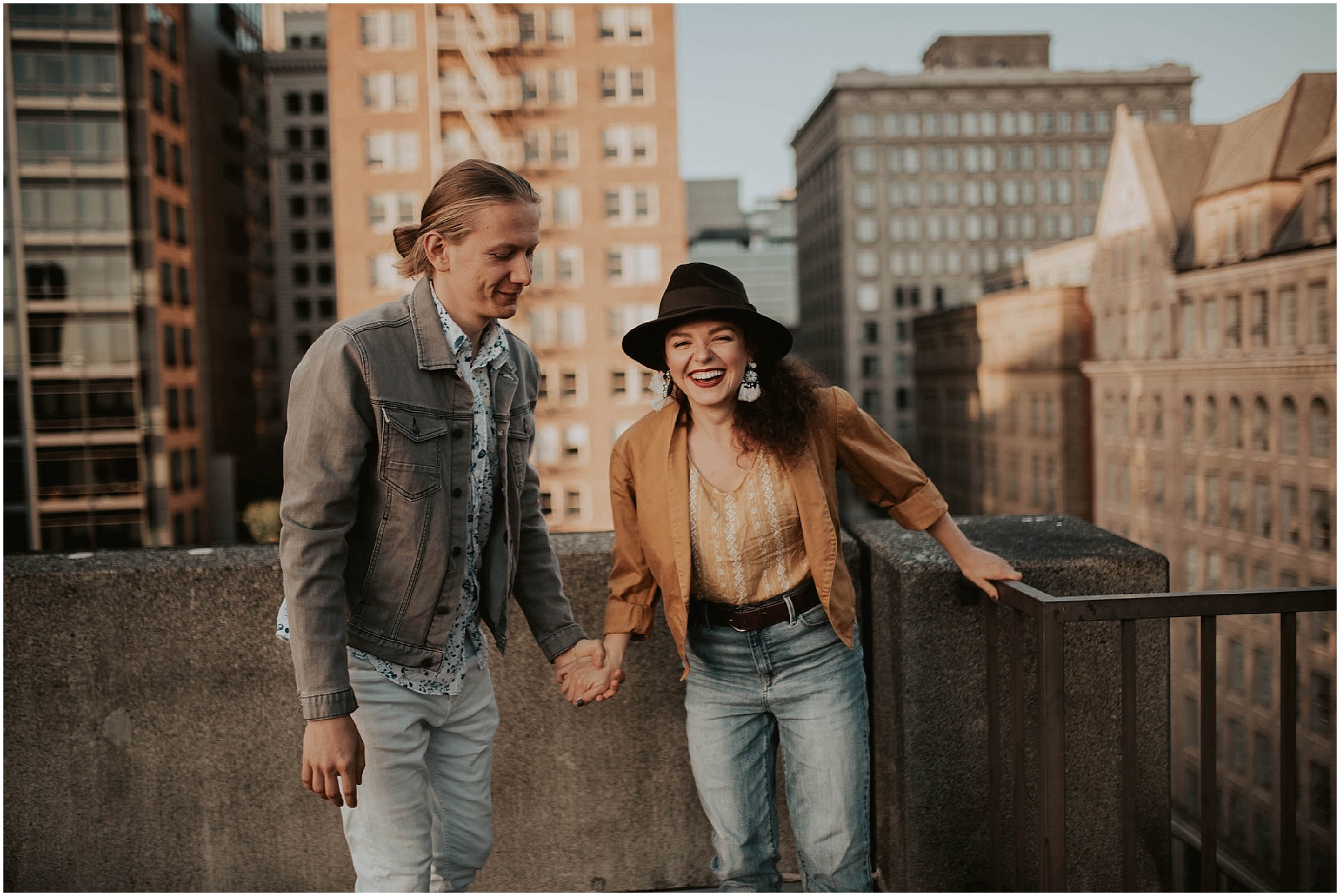 engaged, engagement-photography, engagement-photos, downtown-seattle, seattle-engagement- seattle-wedding-photographer, parking-garage, rooftop-photos, engagement-inspo, sunset-session,