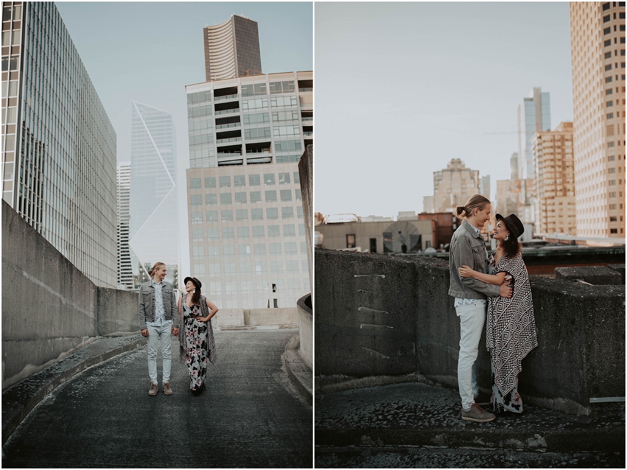 engaged, engagement-photography, engagement-photos, downtown-seattle, seattle-engagement- seattle-wedding-photographer, parking-garage, rooftop-photos, engagement-inspo, sunset-session,
