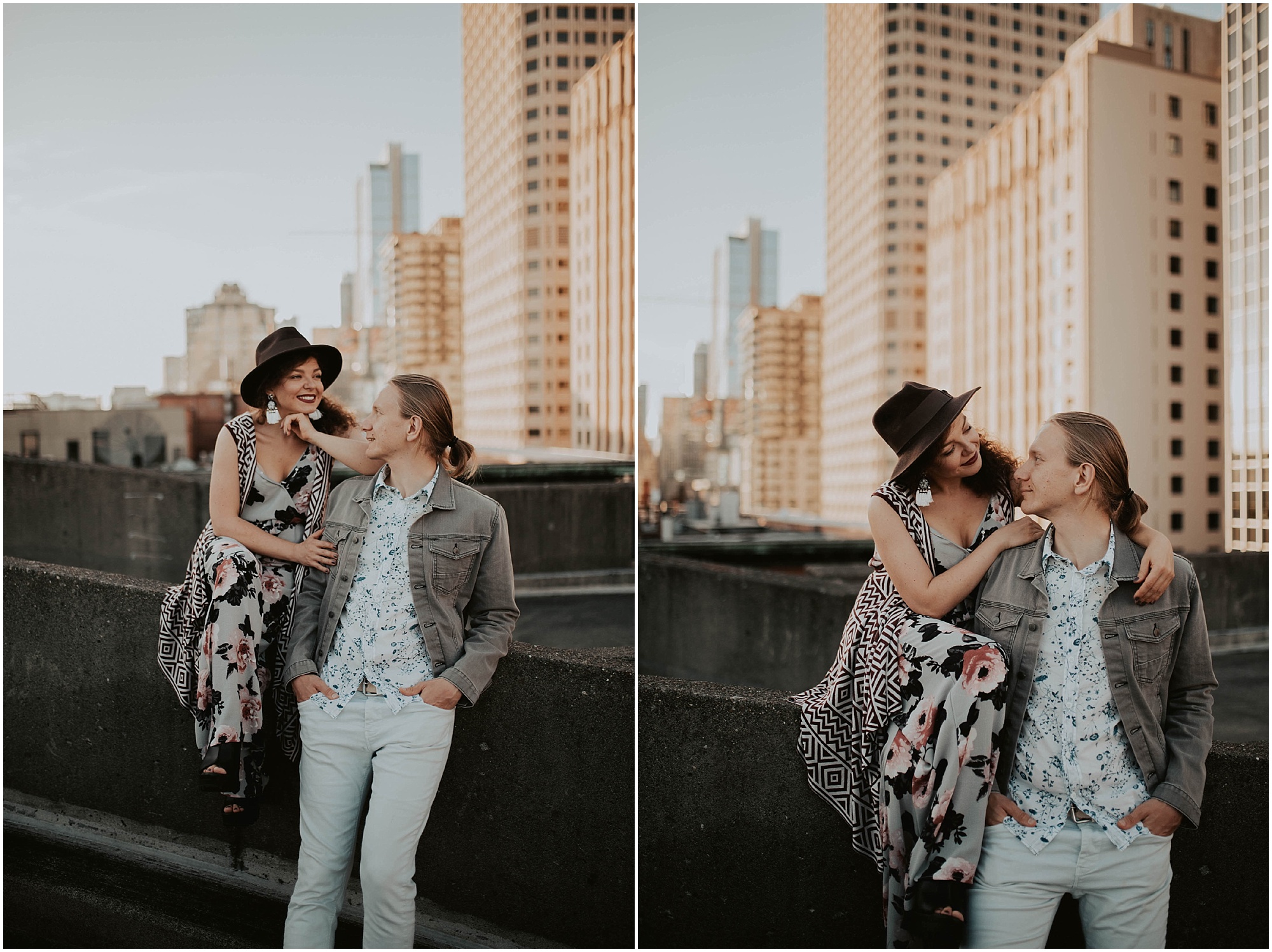 engaged, engagement-photography, engagement-photos, downtown-seattle, seattle-engagement- seattle-wedding-photographer, parking-garage, rooftop-photos, engagement-inspo, sunset-session,