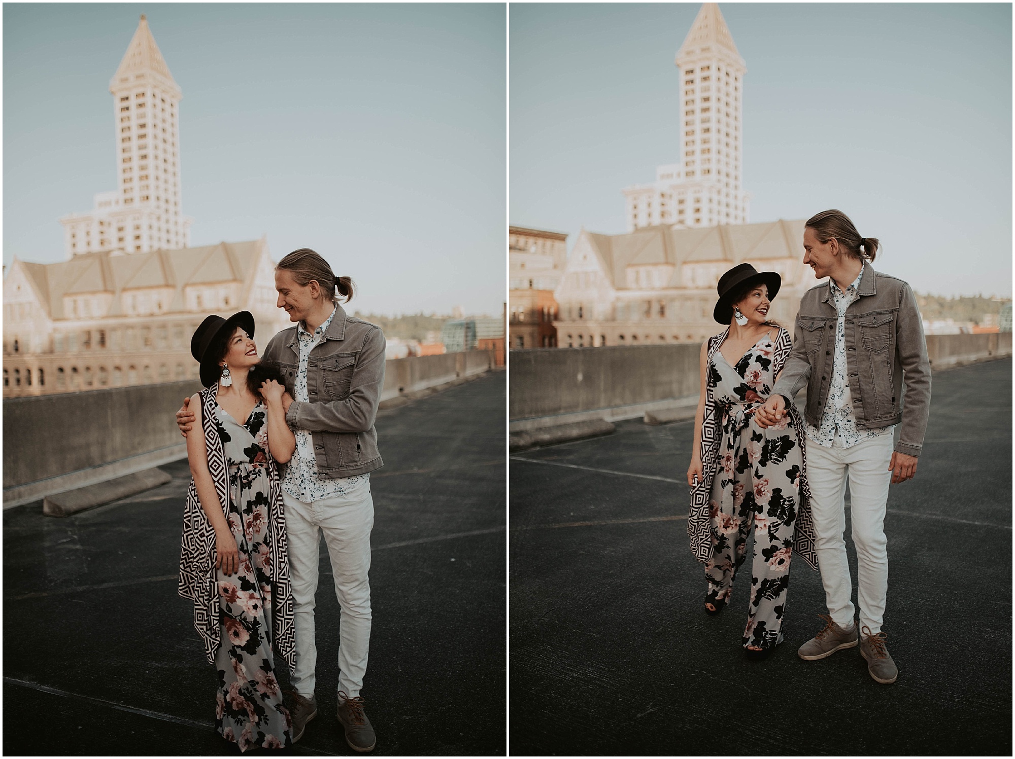 engaged, engagement-photography, engagement-photos, downtown-seattle, seattle-engagement- seattle-wedding-photographer, parking-garage, rooftop-photos, engagement-inspo, sunset-session,