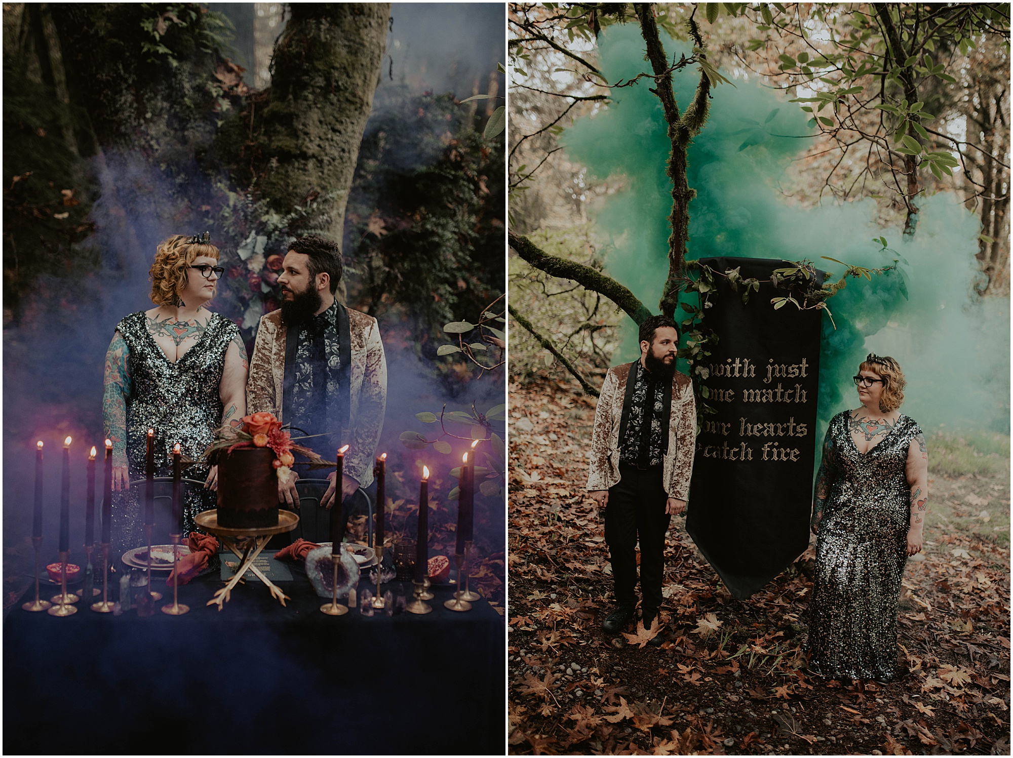 Styled-shoot, Styled-wedding, Point-Defiance-Park, Engaged, Engagement-photos, Styled-Engagement-Session, Engagement-Photographer, Seattle-Wedding-Photographer, Smoke-bomb-photos, Seattle-Intimate-Wedding, Seattle-Wedding, smoke-bomb, Wedding-Photos, Seattle-Wedding-Photos, Rock-and-stone-weddings, outdoor-seattle-Wedding, Forest-Wedding, Tatted-Couple, Sequin-Dress,