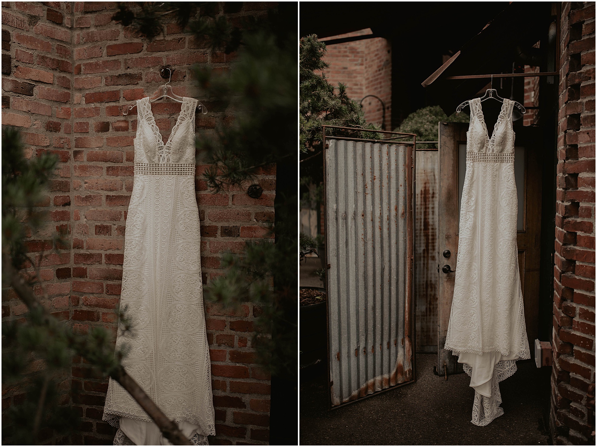 brides wedding dress hanging at seattle venue