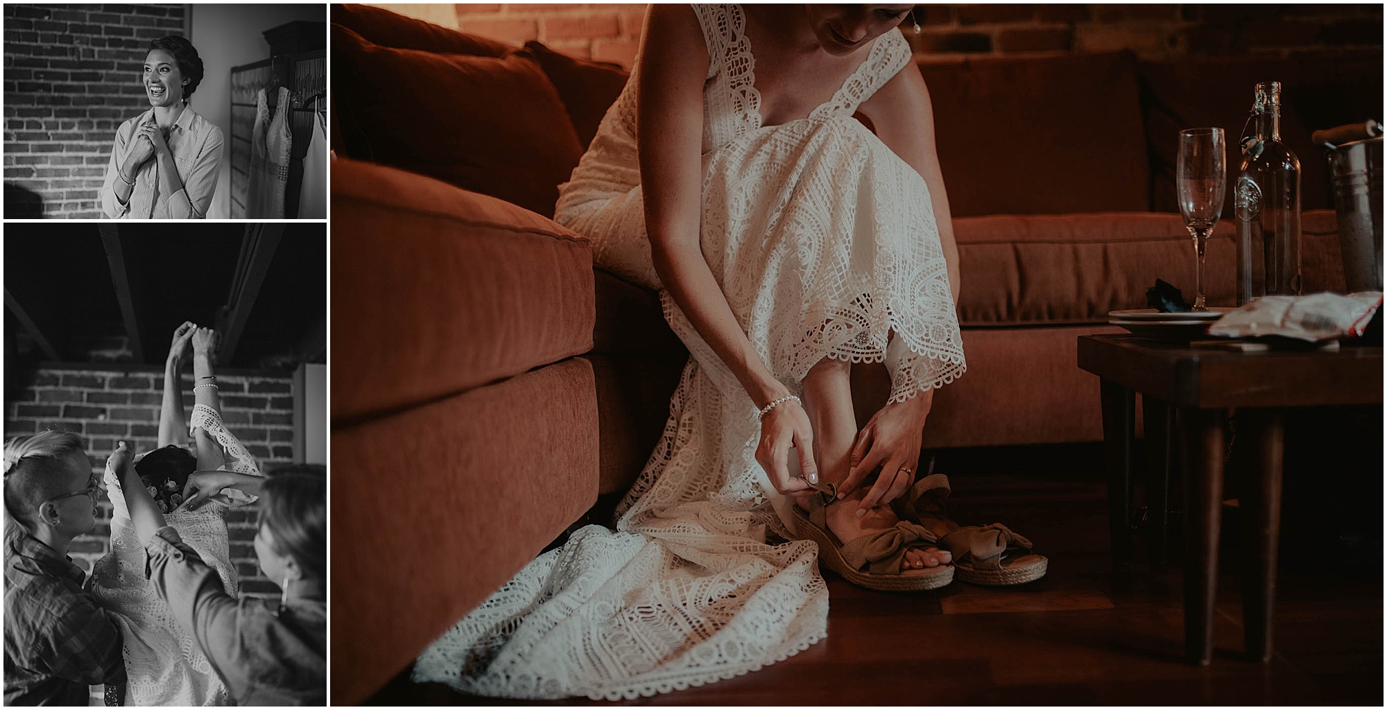 bride getting in dress with bridesmaids 