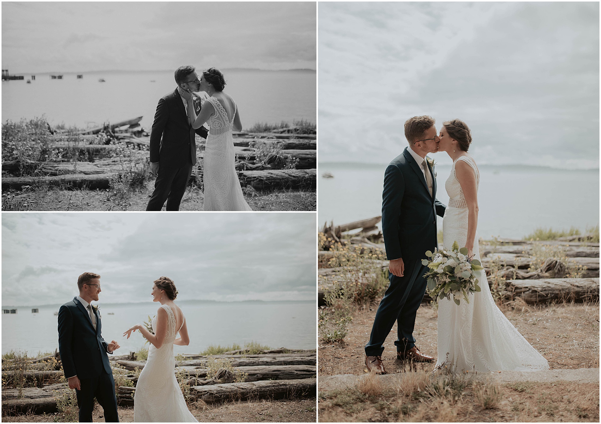 bride and groom first look on puget sound