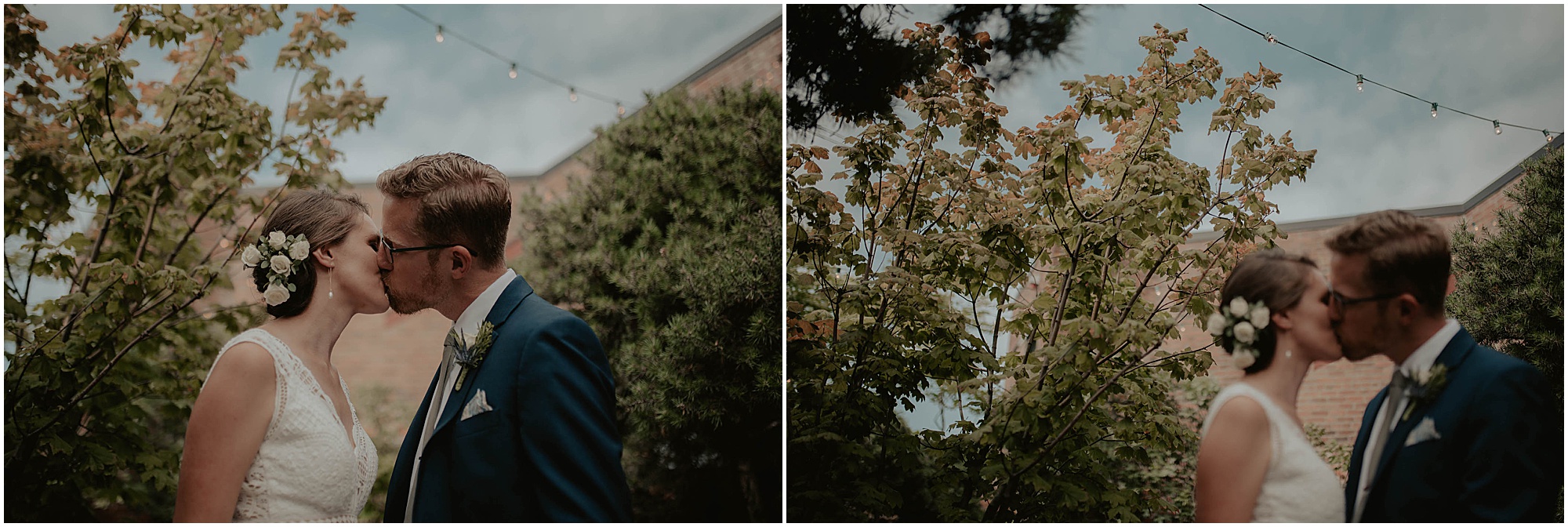 bride and groom kissing under string lights
