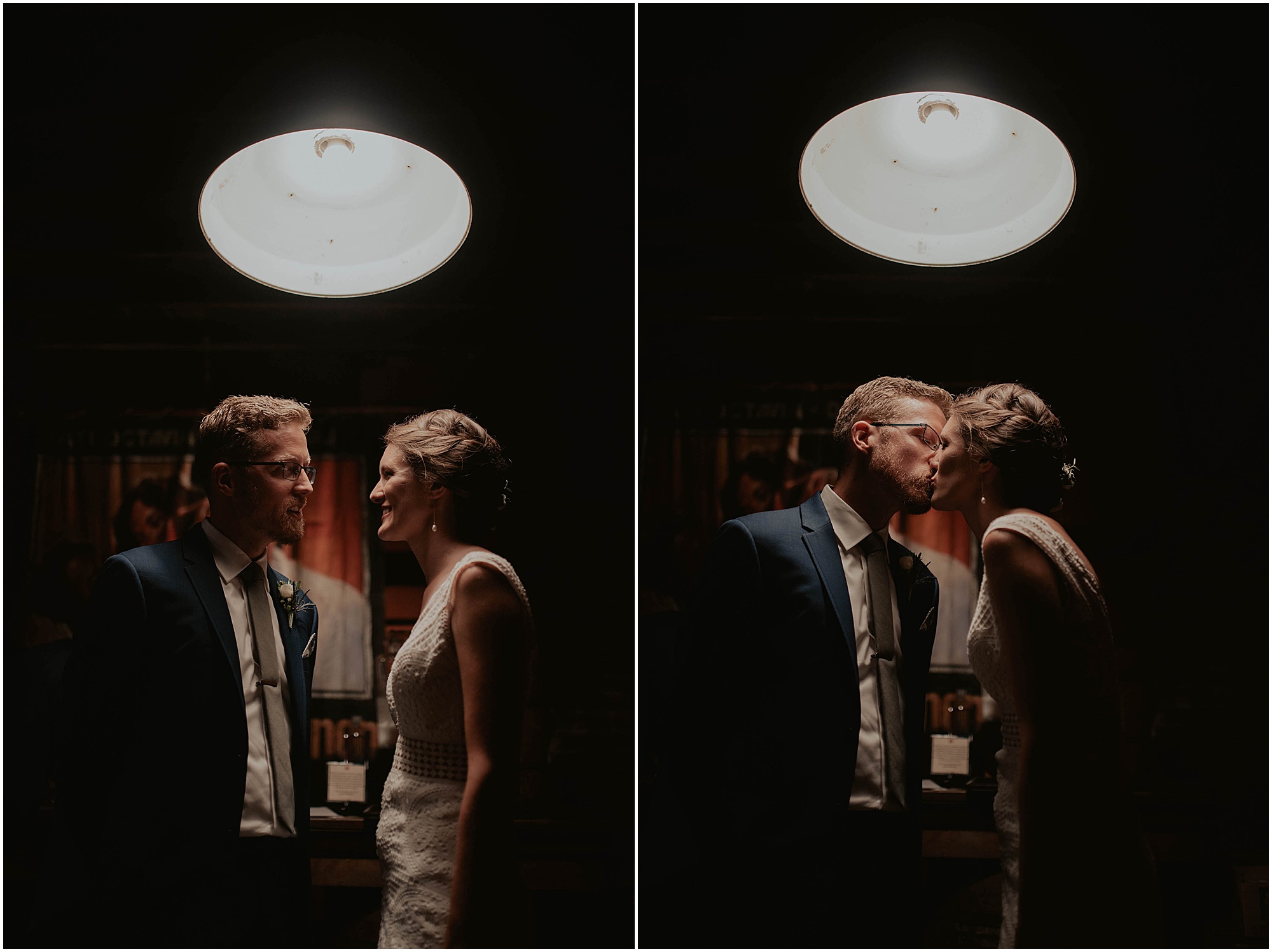 bride and groom portraits under bright lamp