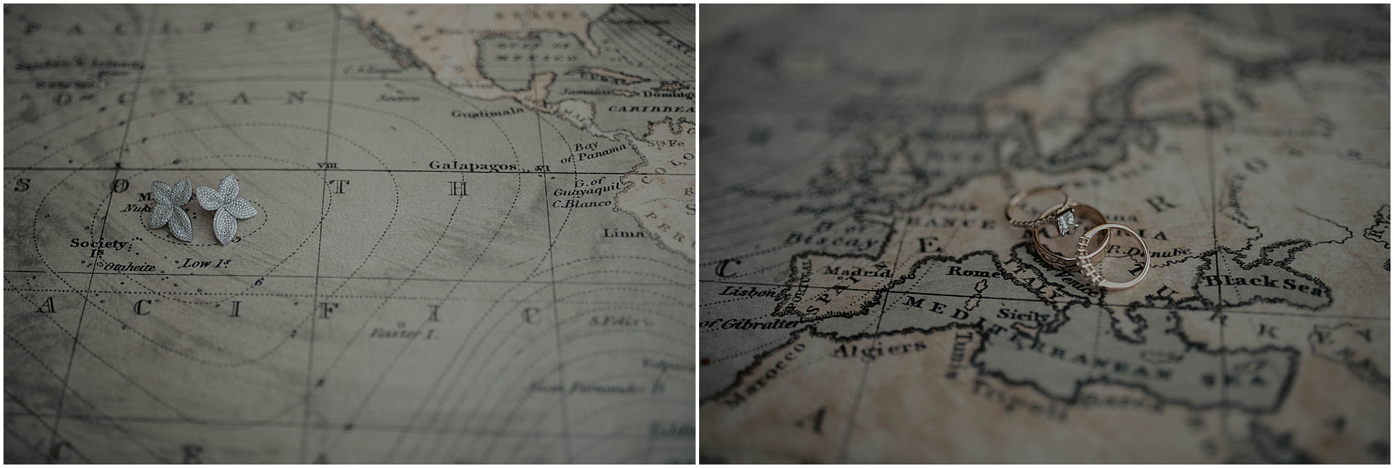 wedding rings and earrings, bride detail photos on map