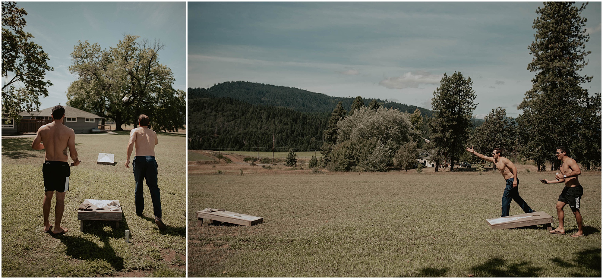 groomsmen playing cornhole, 