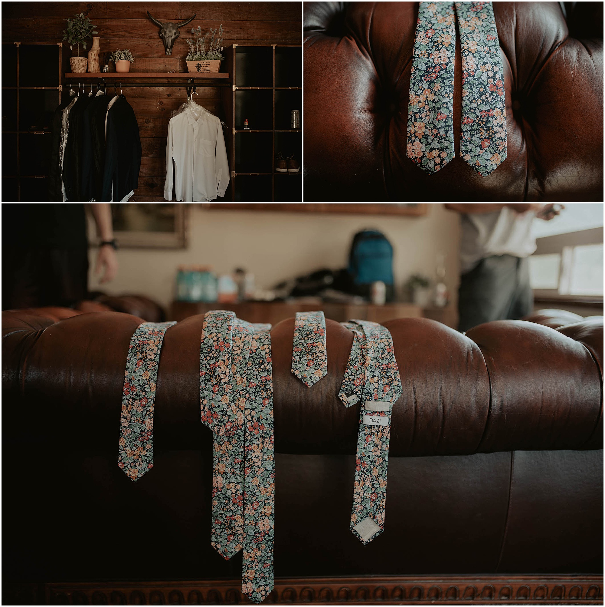floral groomsmen ties, groomsmen getting ready,