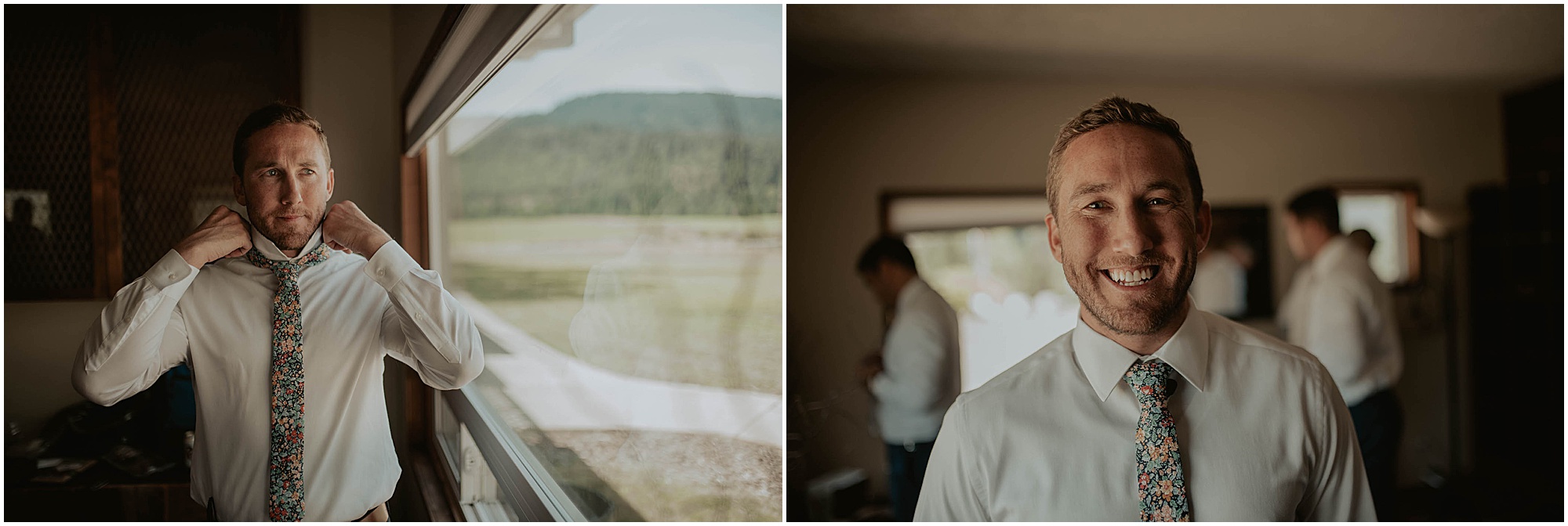 groom getting ready on wedding day, tin roof barn,