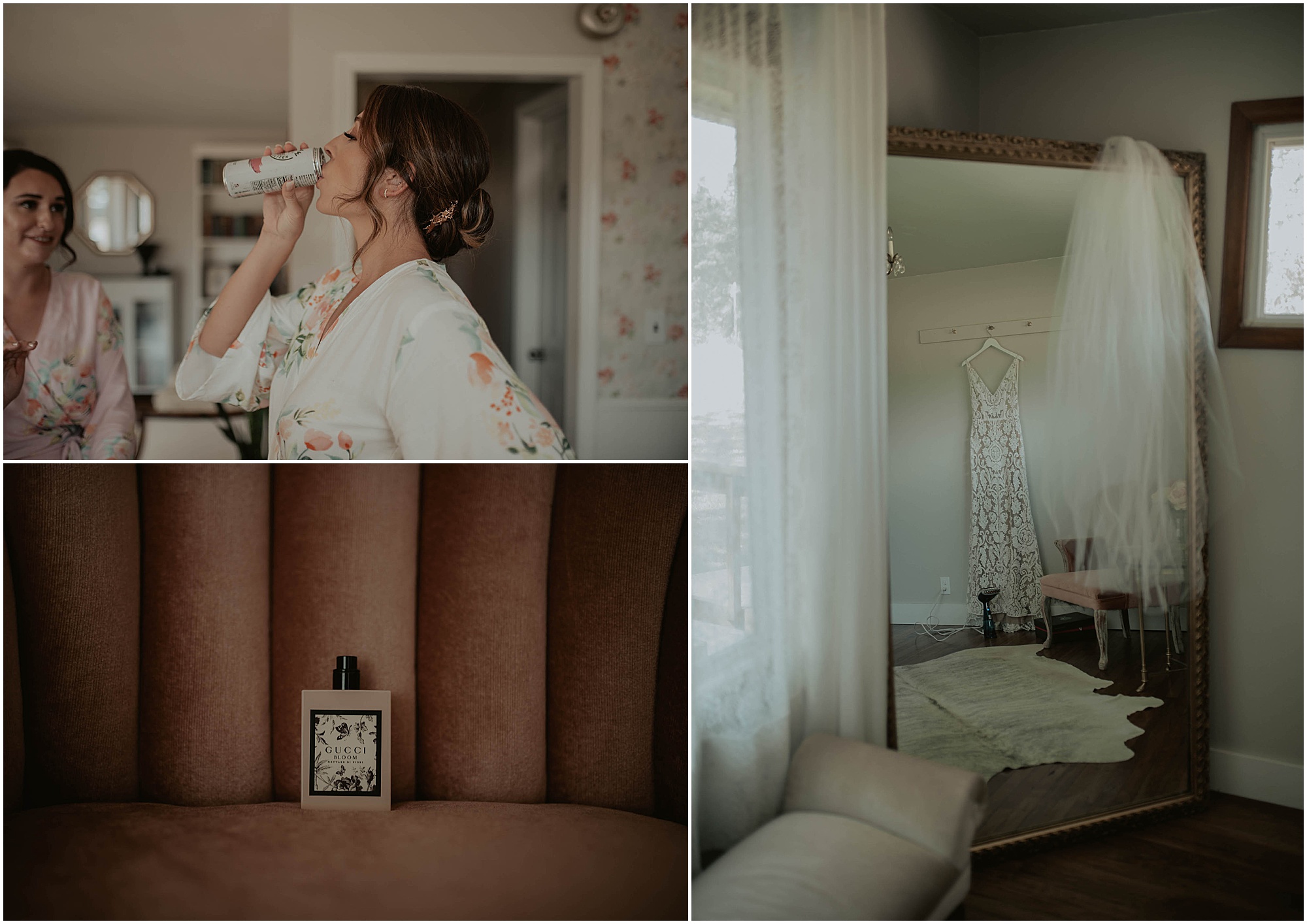 gucci bloom fragrance, bride wedding dress and veil, bride drinking white claw, 