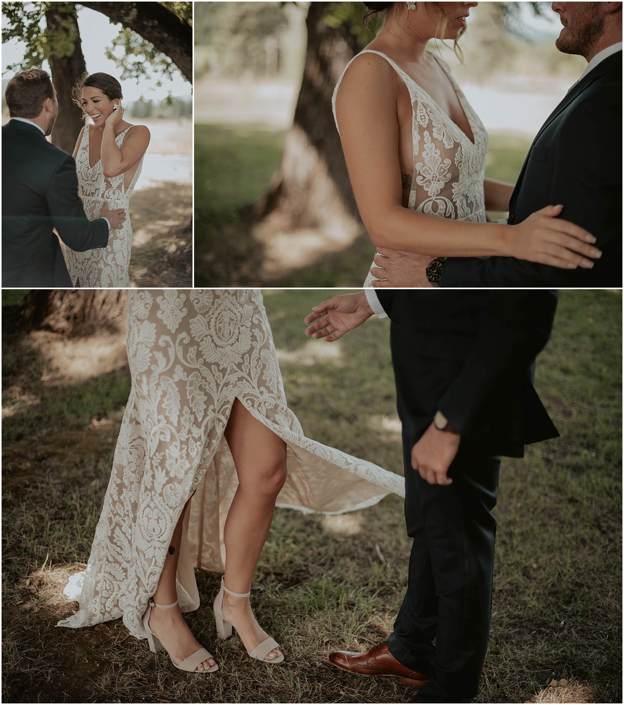 lace white wedding dress, bride and groom first look on wedding day,
