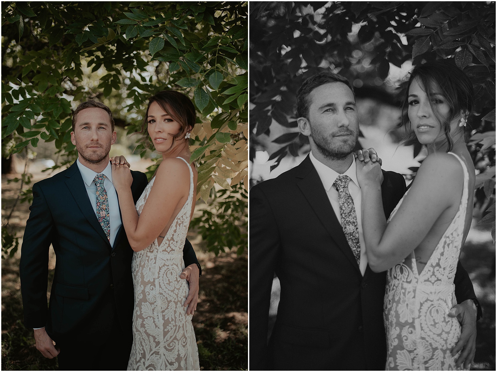 bride and groom on wedding day, white lace wedding dress, 