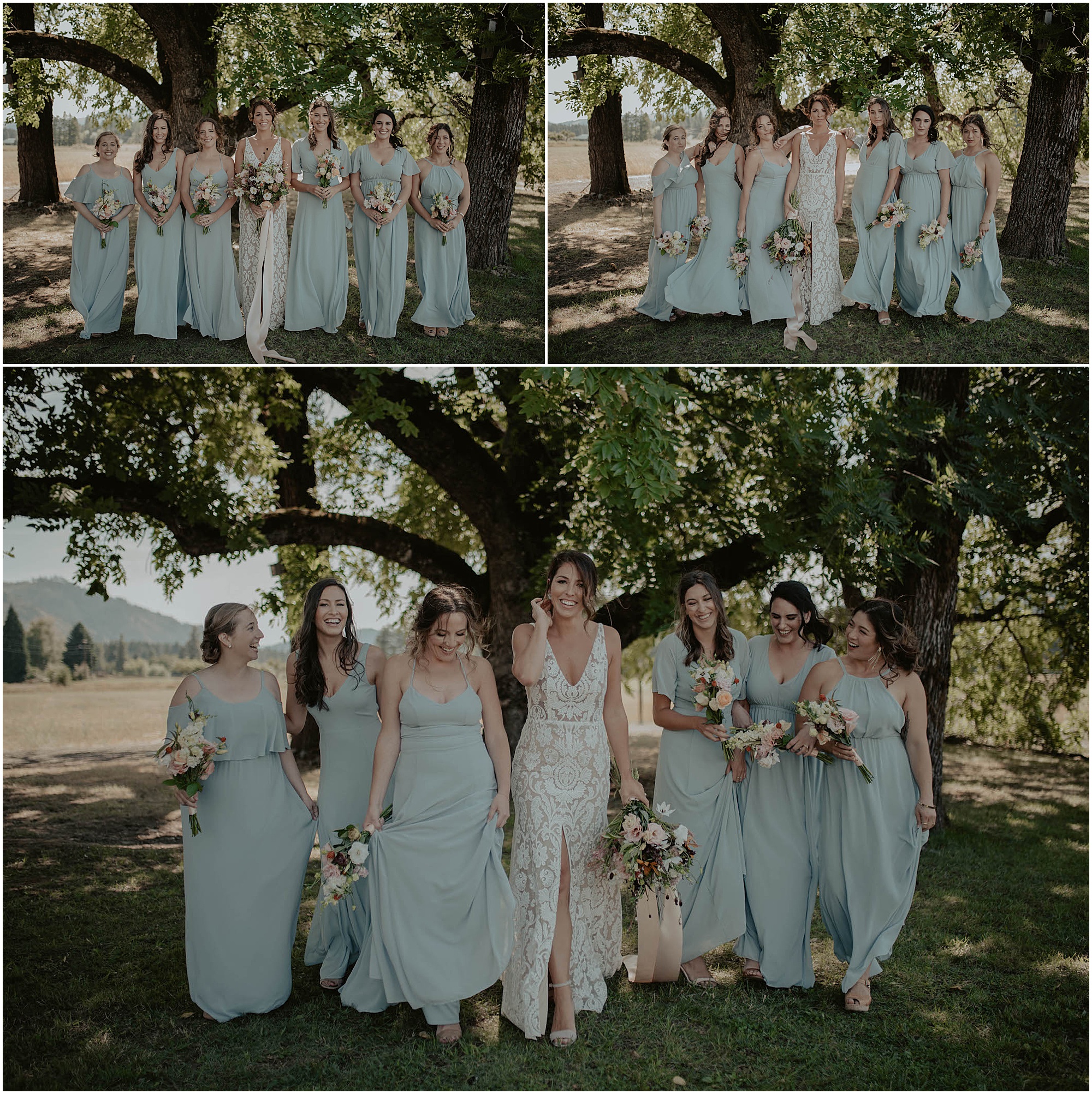 blue bridesmaids wedding dresses, bridesmaids and bride