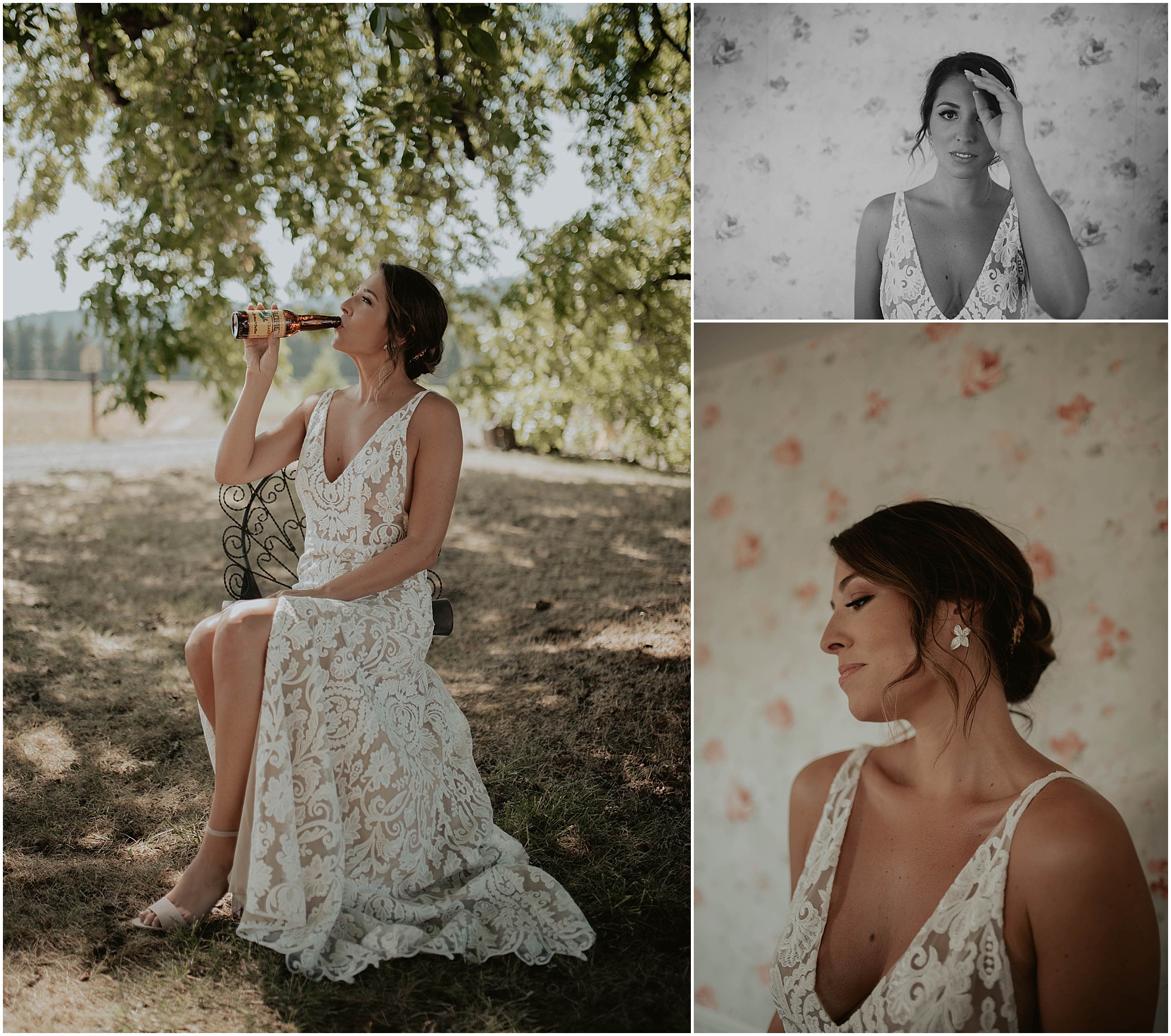 bride on wedding day, bride chugging a pacifico in wedding dress, 