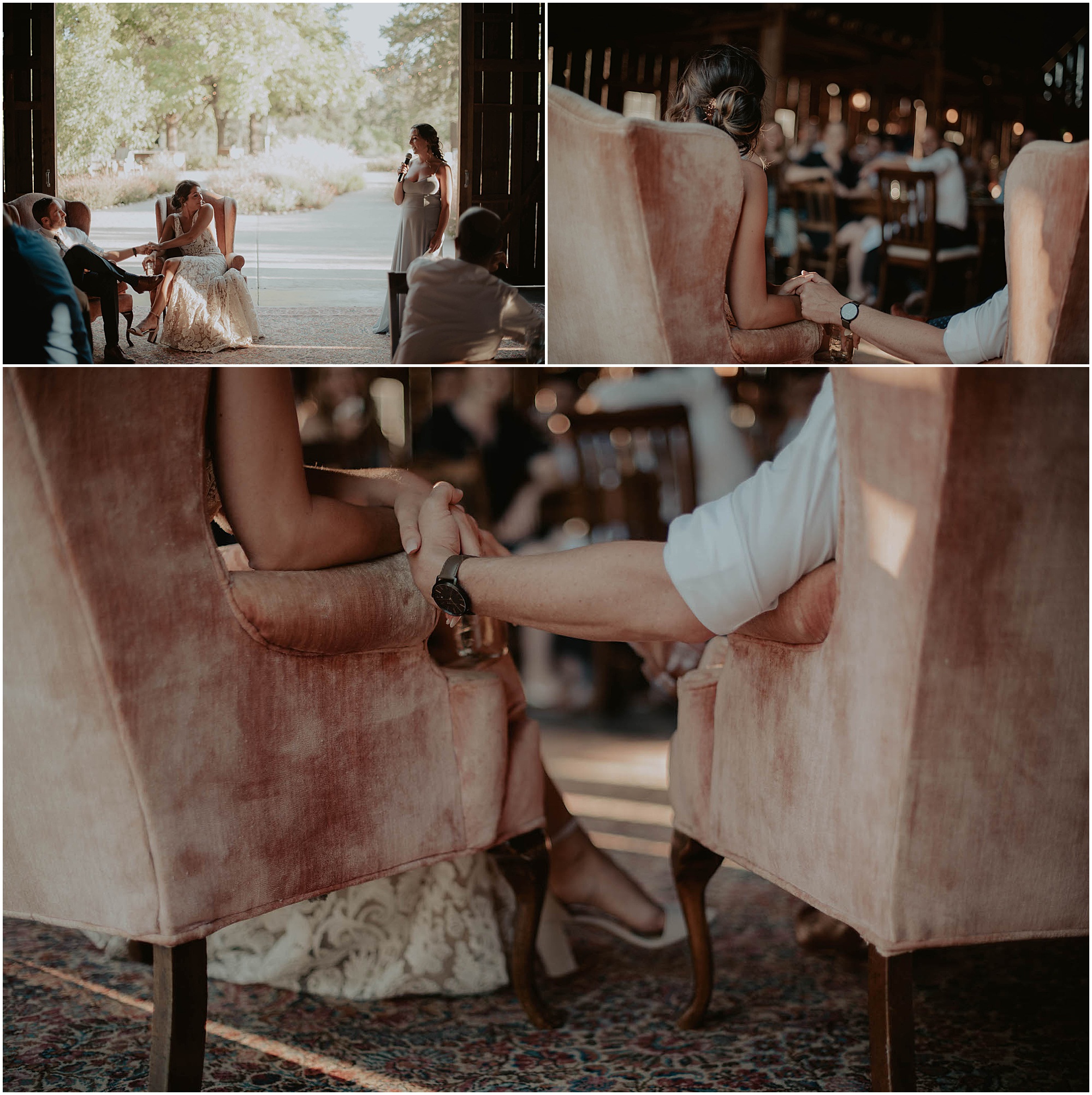 Unforgettable Moments at Tin Roof Barn: Kate and Tyler's Wedding in White Salmon WA by Kendra K Photo kendrakphoto.com pink velvet chairs, tin roof barn wedding decor,