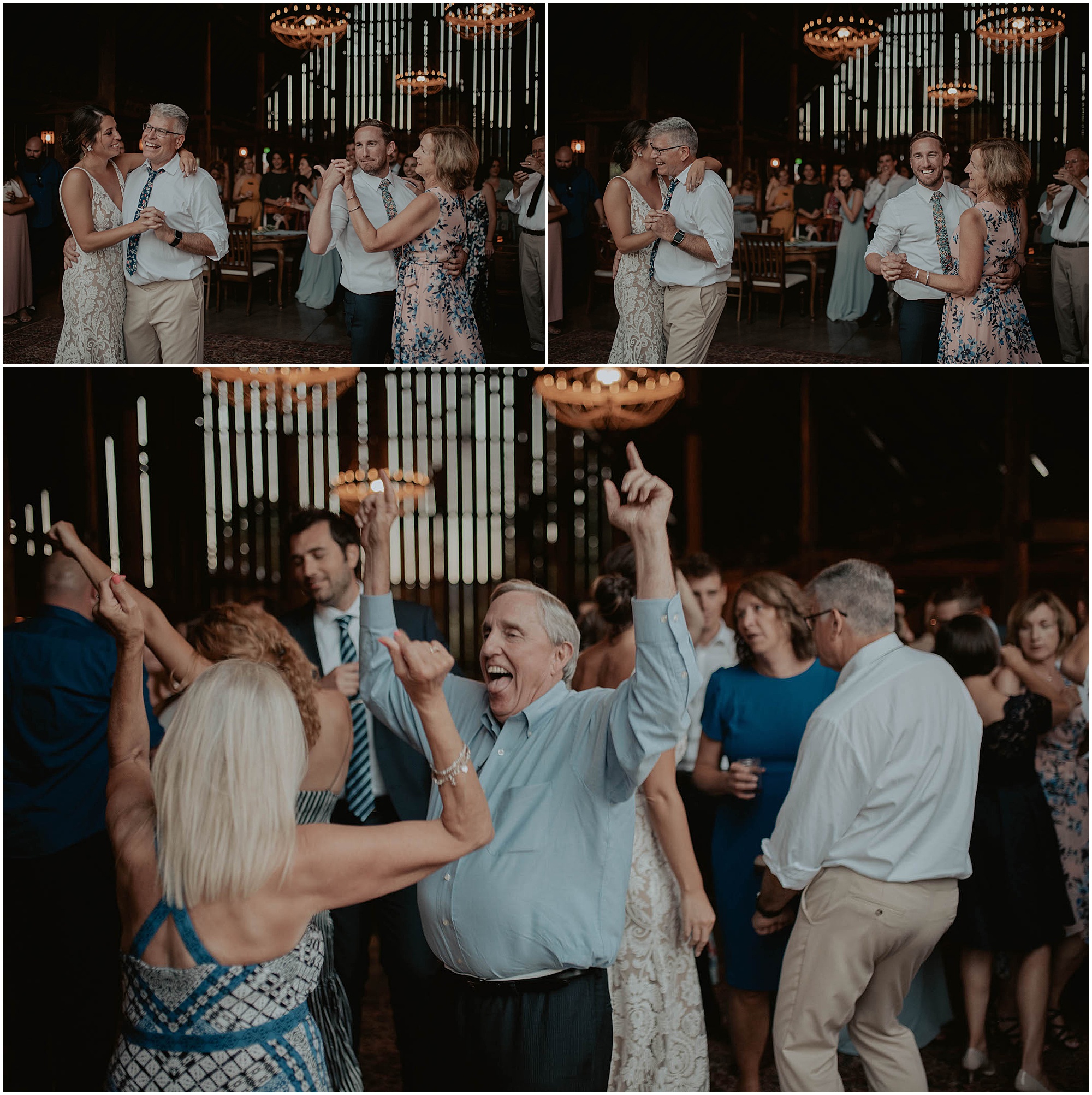 first dance with mom and dad on wedding day, tin roof barn,