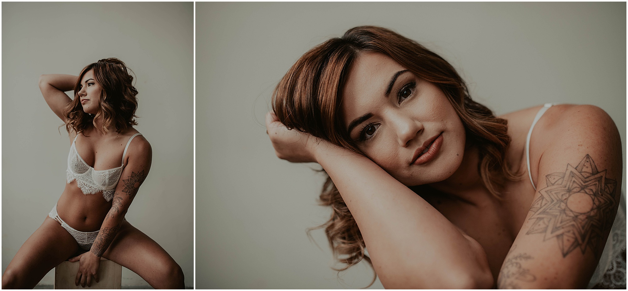 tattooed woman, seattle boudoir session, white lace lingerie
