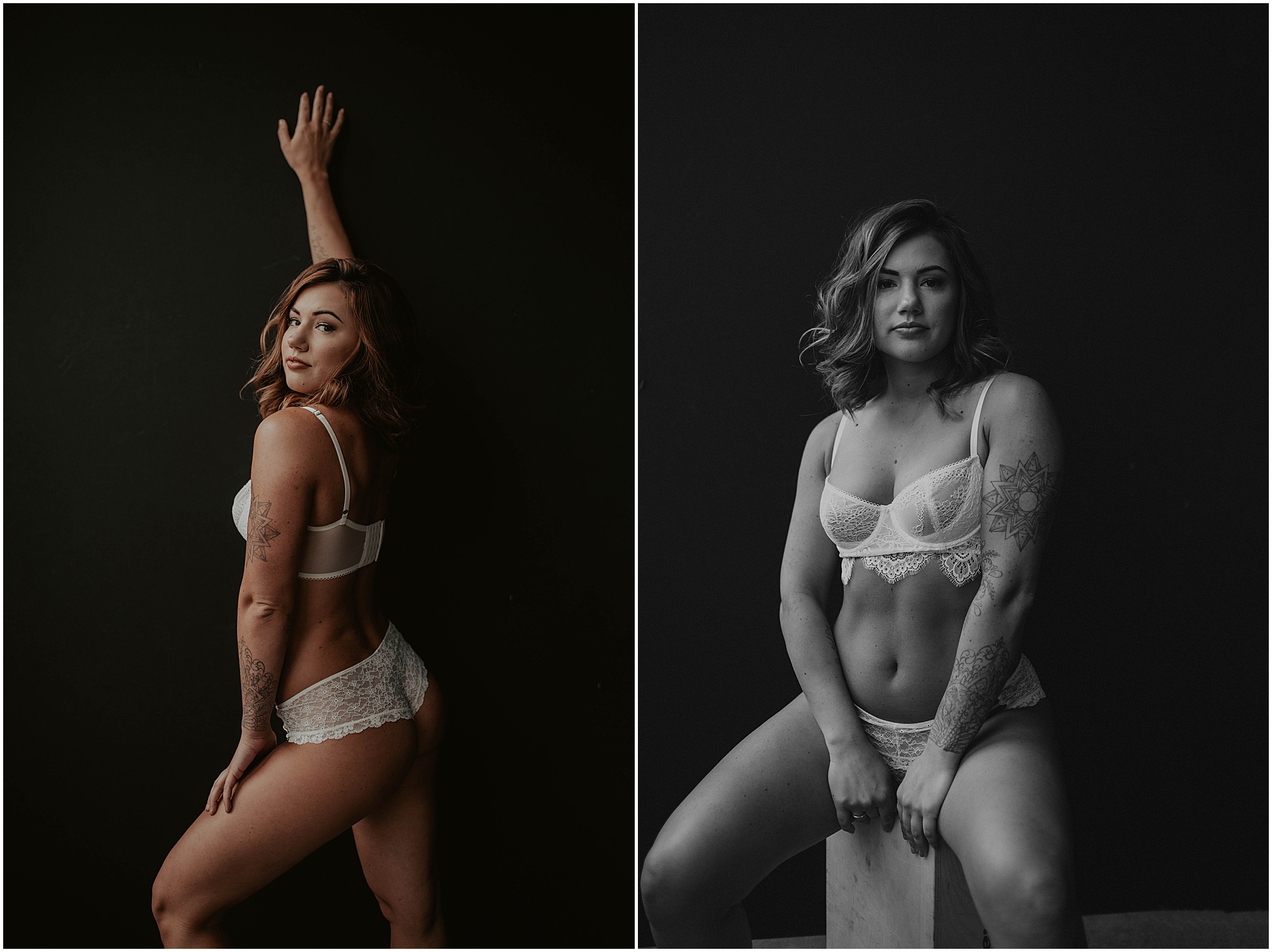 woman posing on block in studio, lace lingerie set,