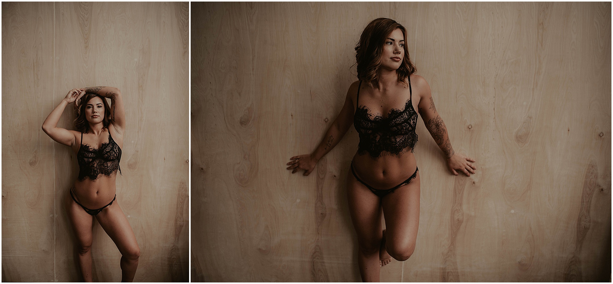 wood wall background, seattle studio, black lace lingerie, 