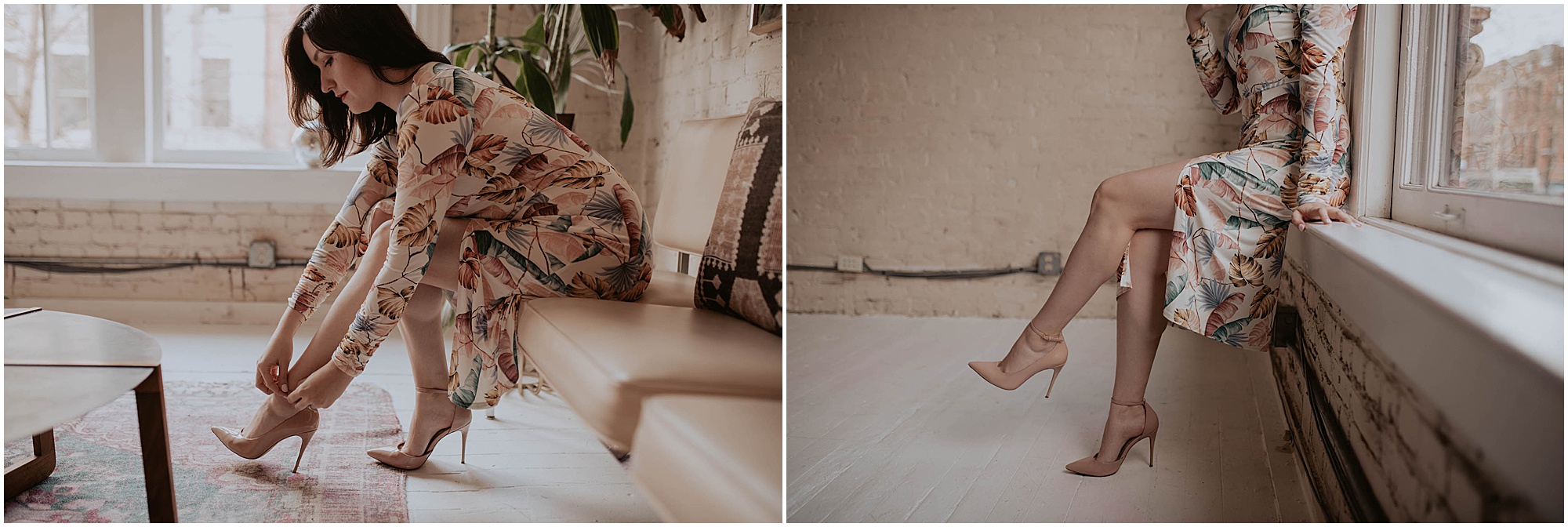 monstera dress, woman in nude heels