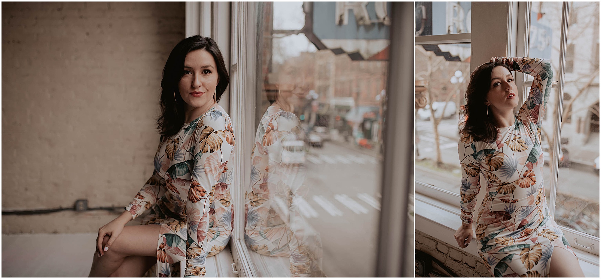 woman sitting up against big window 