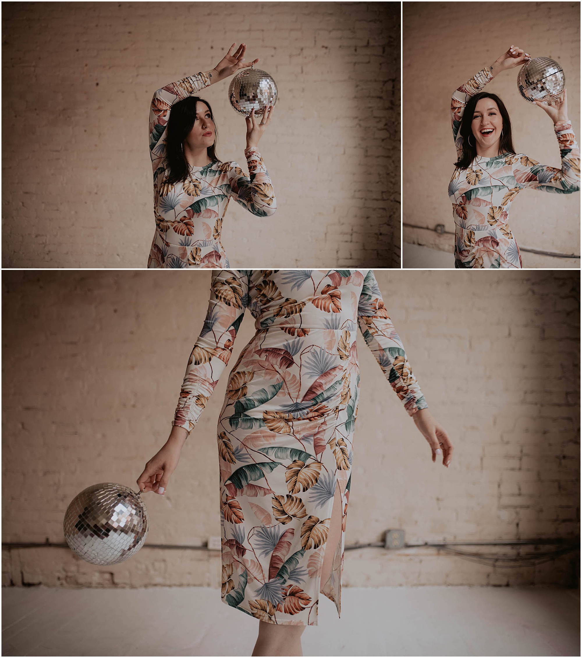 woman holding disco ball, monochromatic nude colors