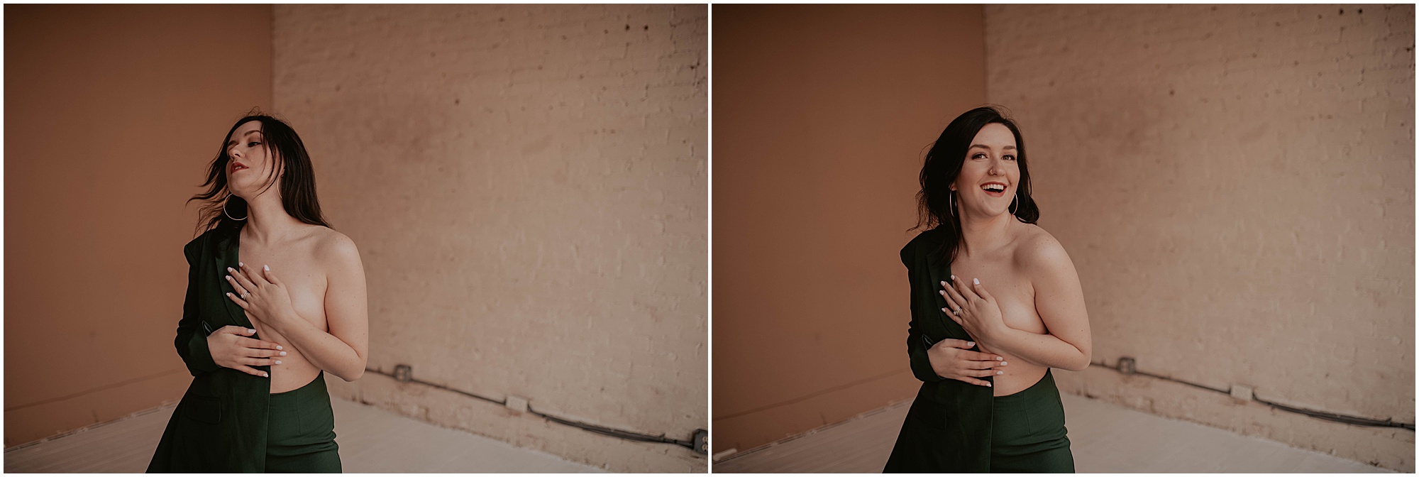 green suit on woman, boudoir branding photo inspo