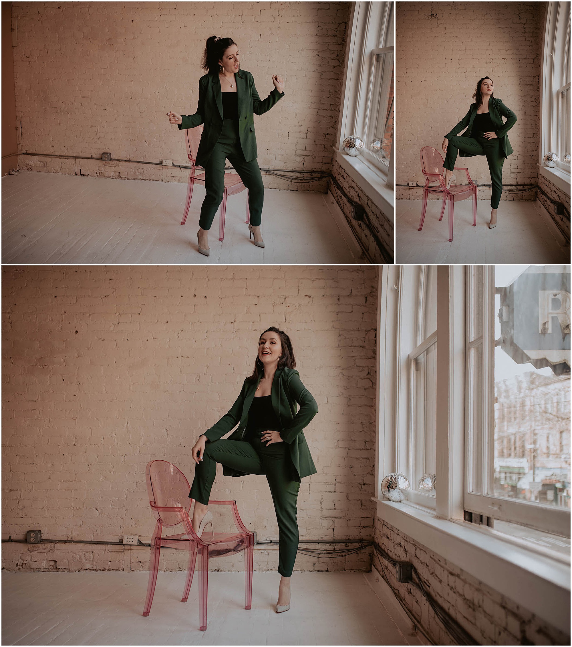 woman in green suit posing on hot pink chair 