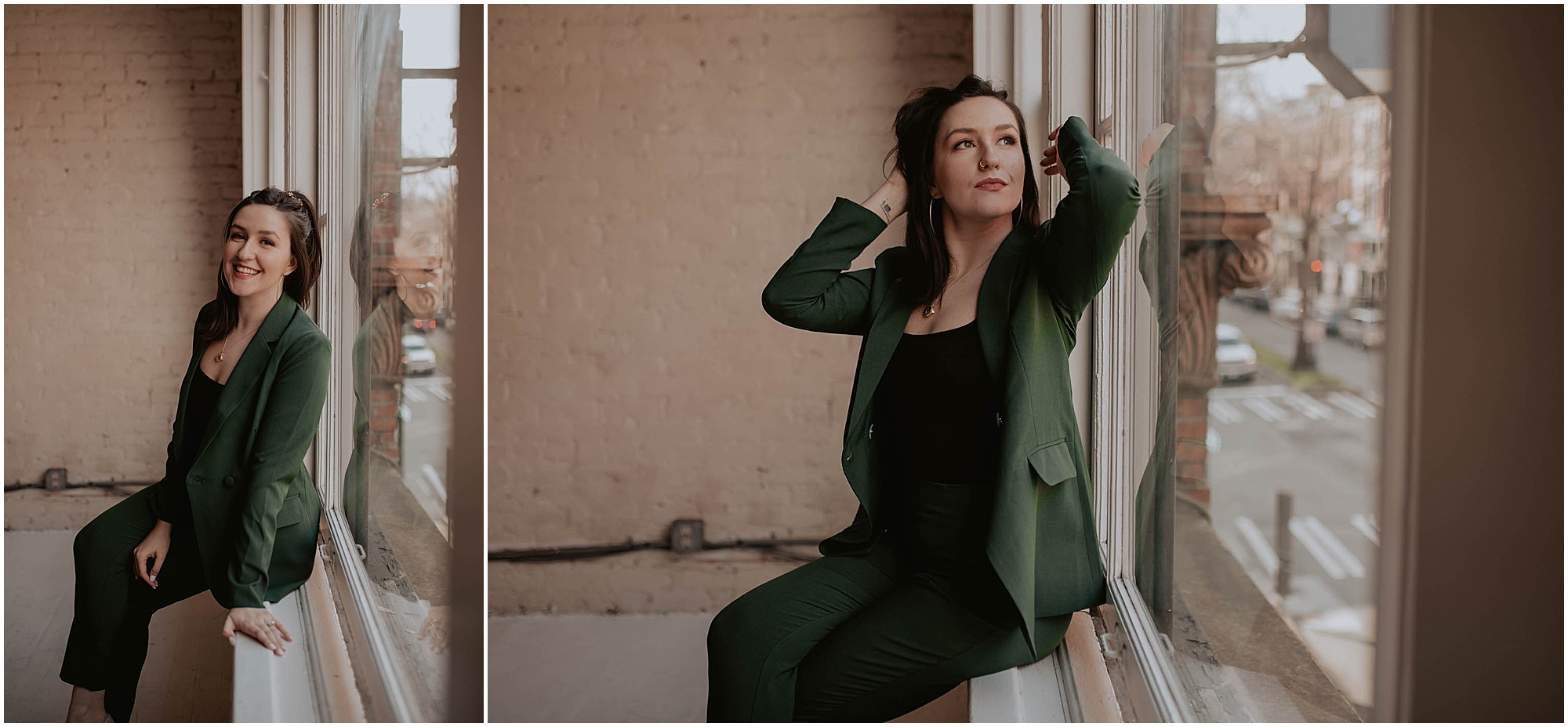 woman in green suit sitting on window sill