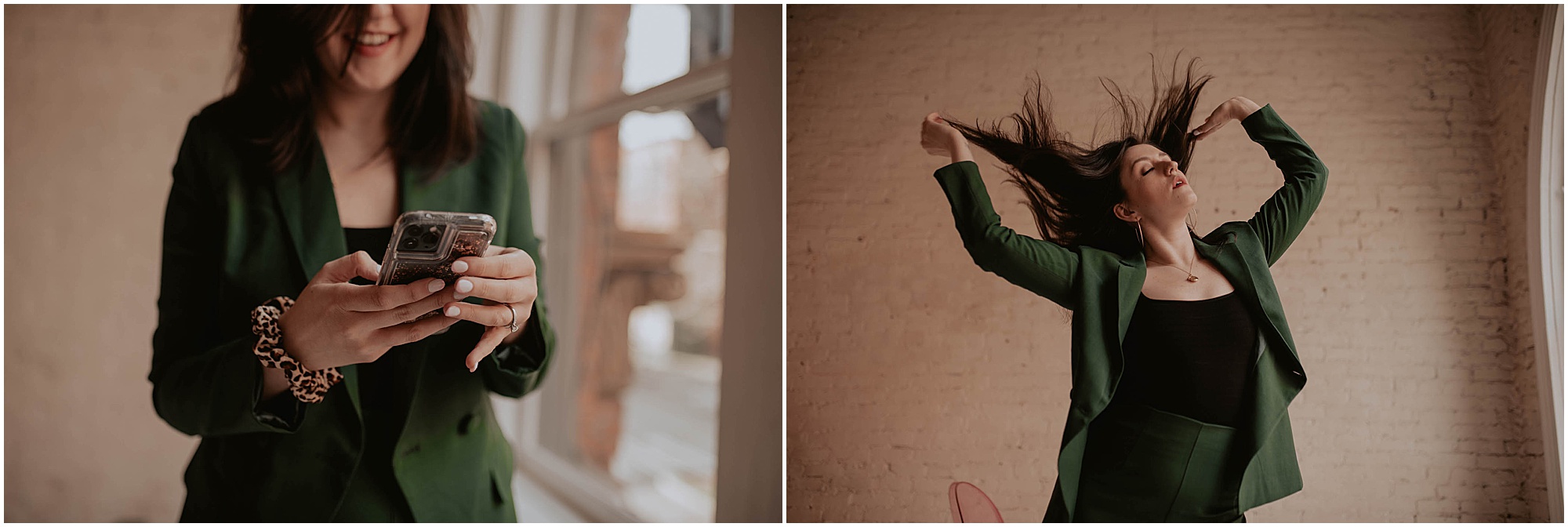 woman posing in front of white brick walls