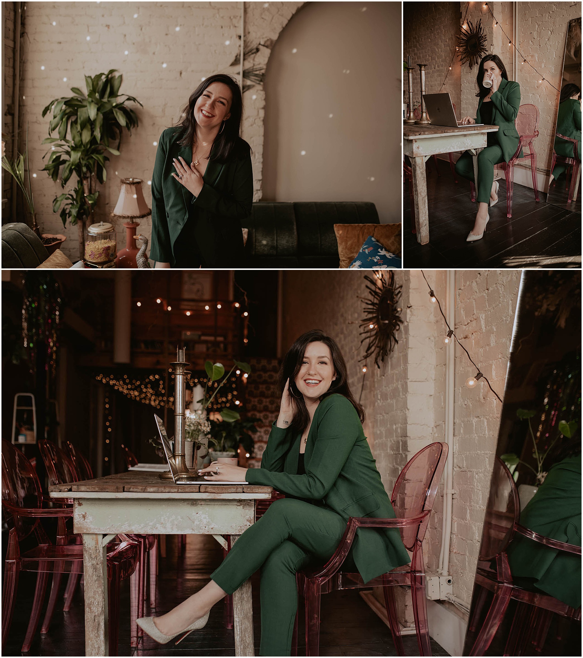 disco ball lights in seattle loft, woman sitting on hot pink chair