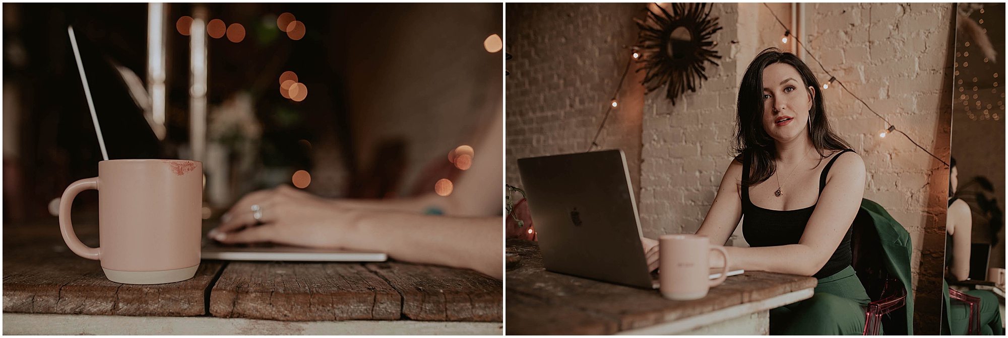 lipstick on pink coffee mug, woman working on laptop in studio