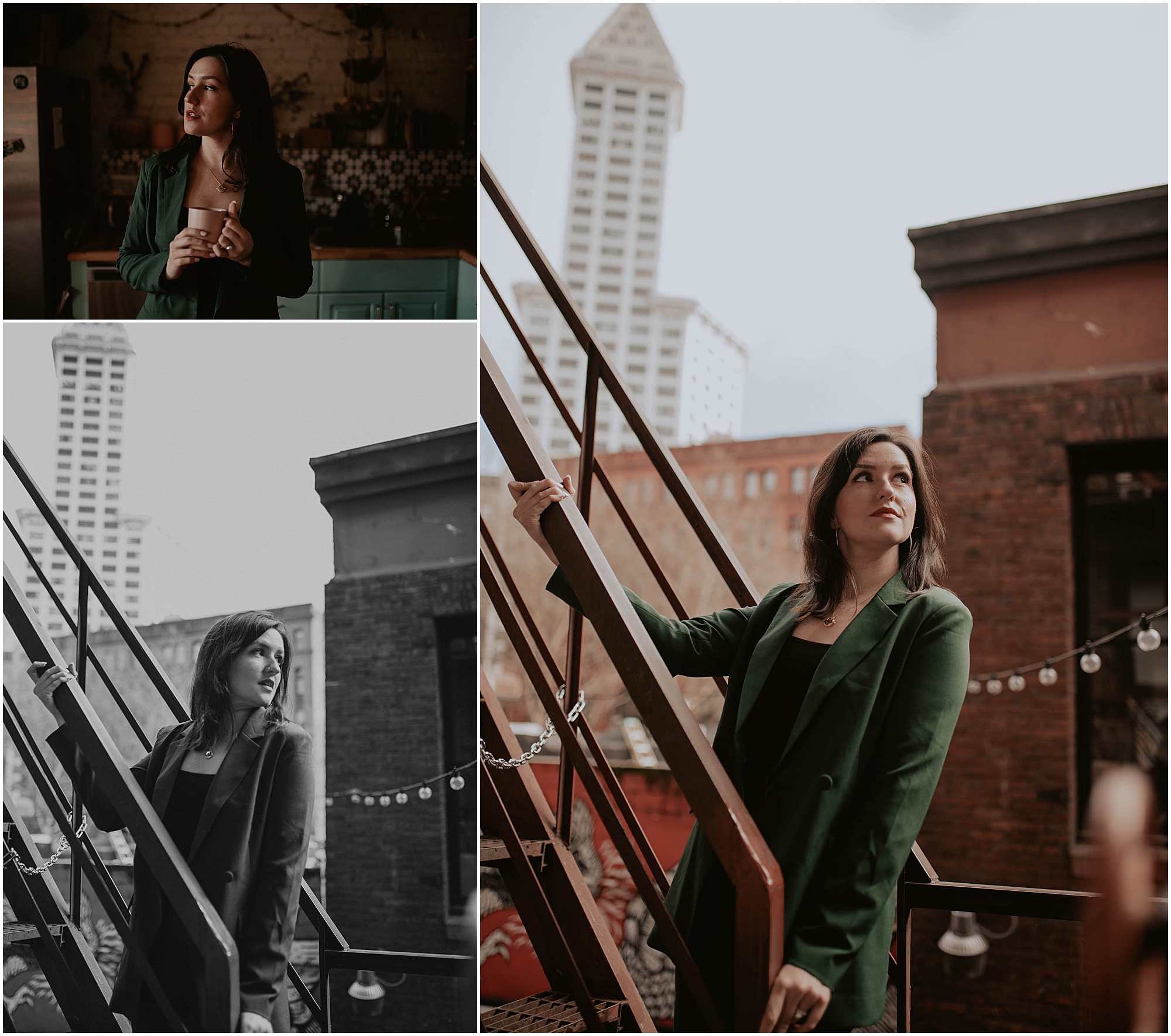 woman posing on fire escape, smith tower