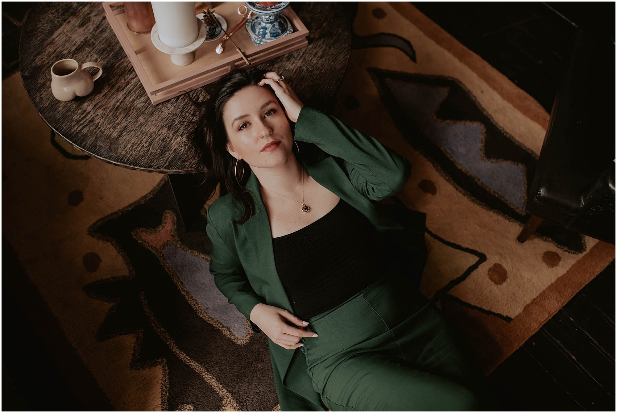 dark green suit on woman