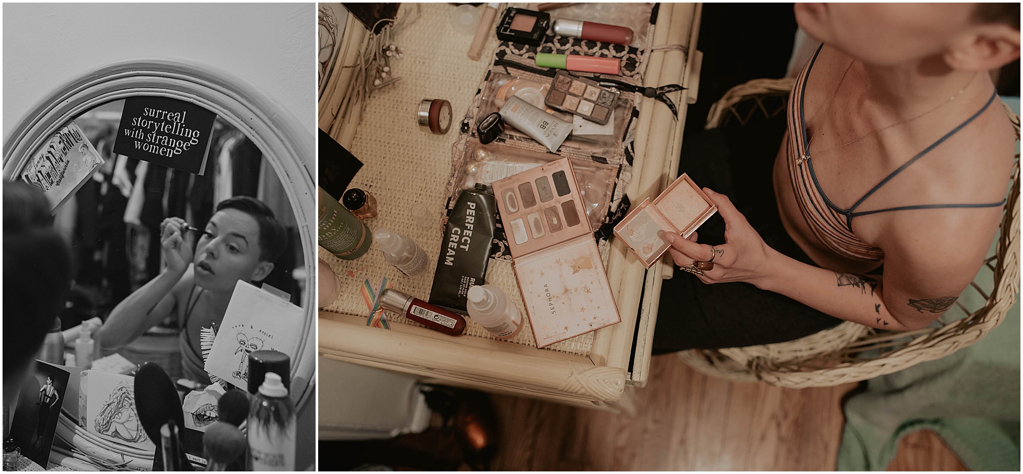 putting on makeup in vanity mirror