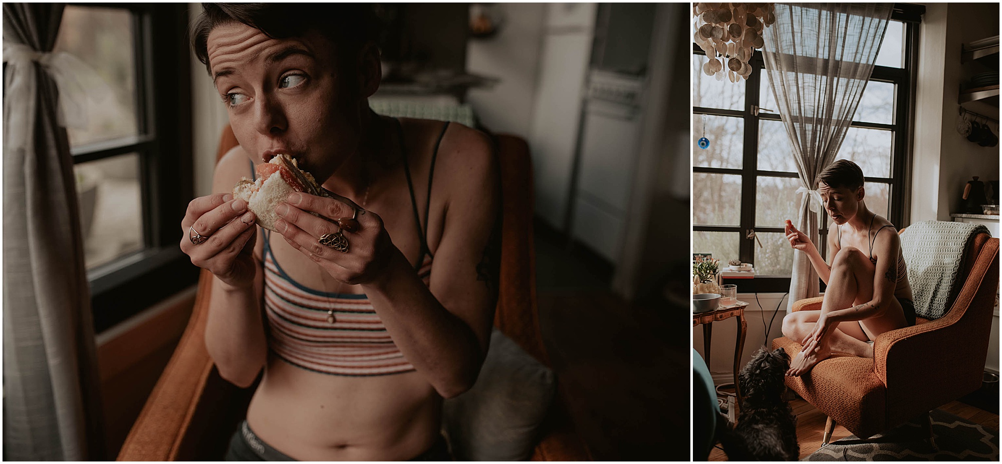 eating lunch in apartment with dog 