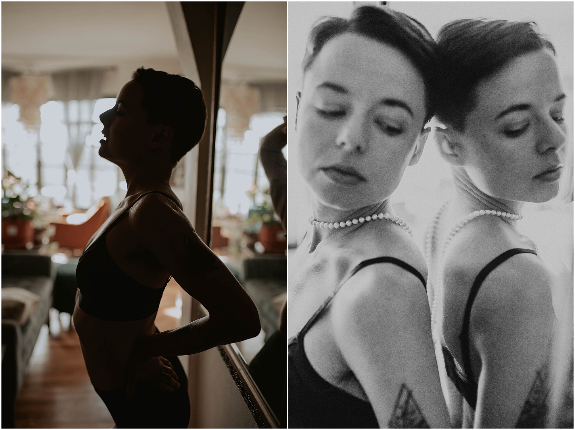 pearls, reflections in mirror