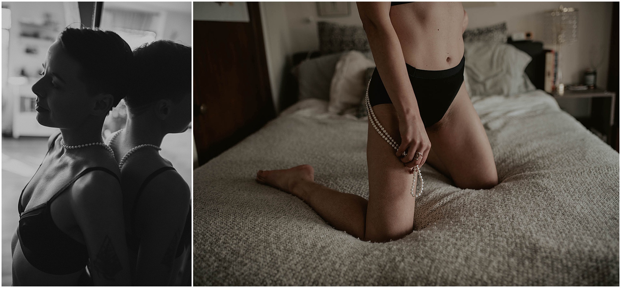 boudoir posing with pearls on bed