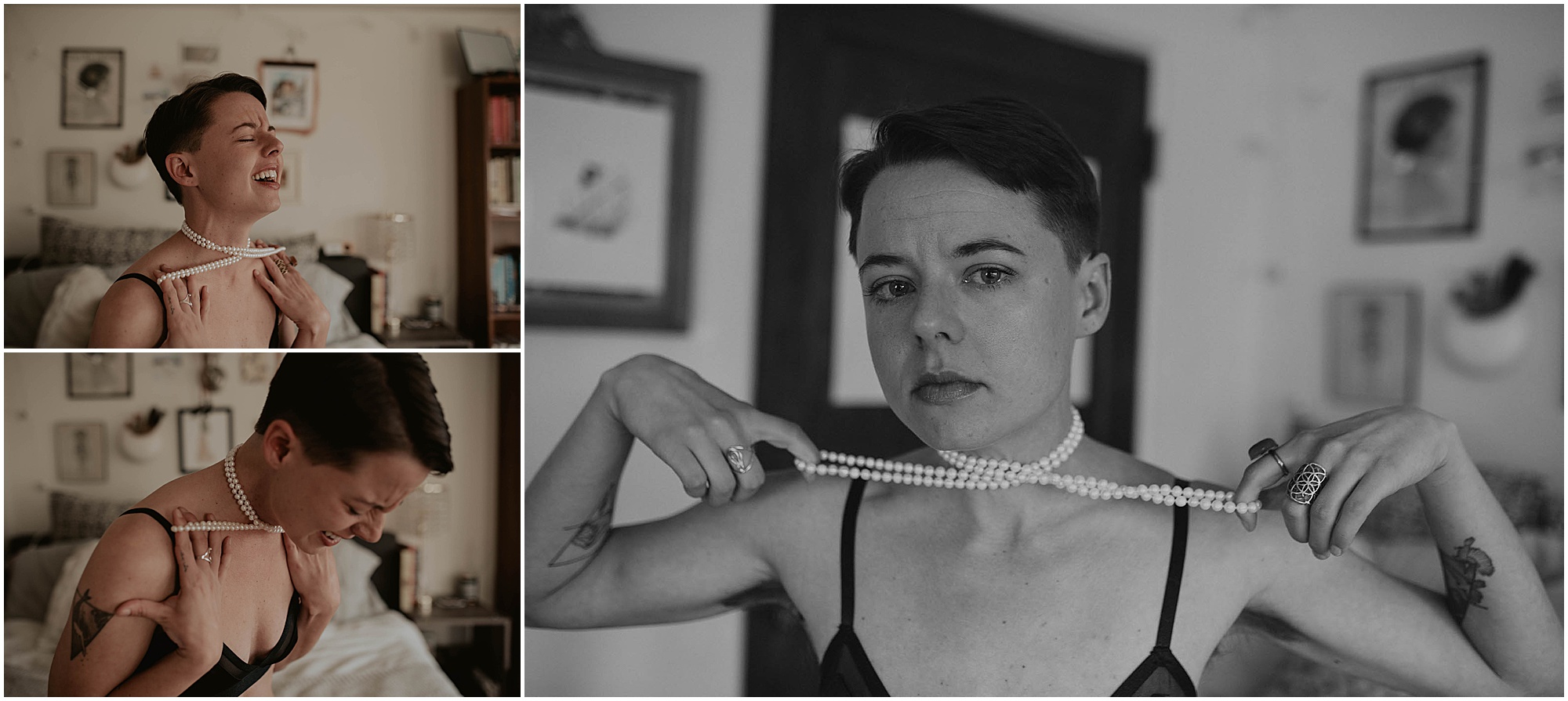 pearls around neck, documentary style photos 