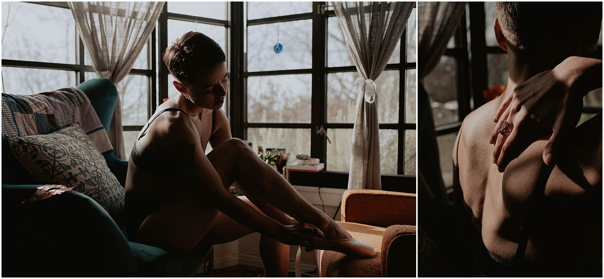 putting on ballet shoes