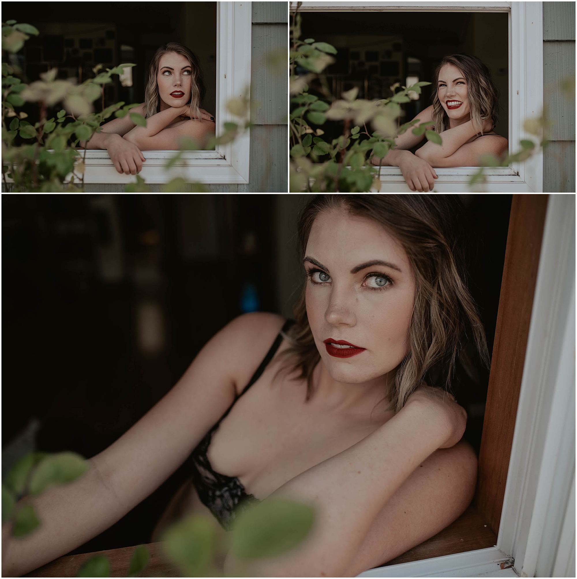 boudoir through home window, red lipstick, 