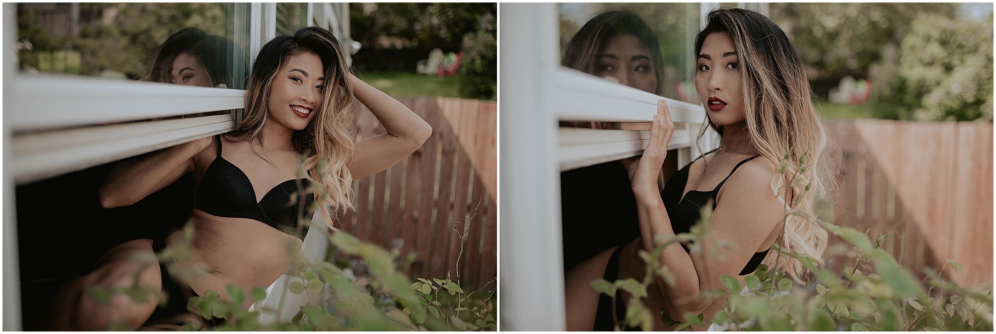 posing outside of window during quarantine, at home boudoir session,
