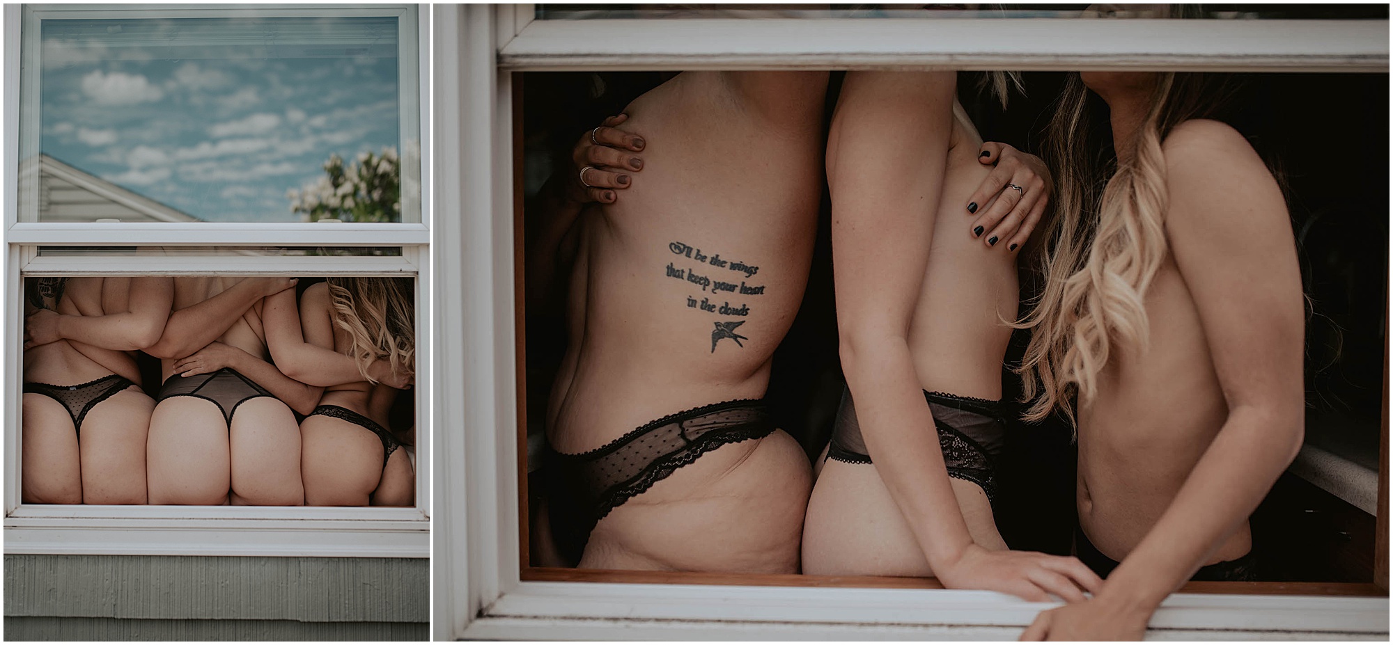 window boudoir session, roommates boudoir posing in window, 